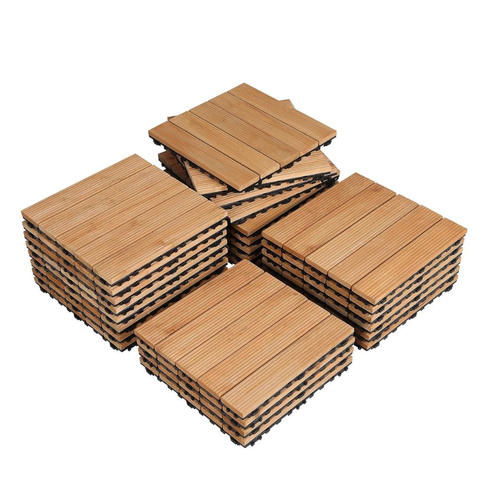 Belro interlocking outdoor patio wood deck tiles arranged in a pattern, suitable for garden and outdoor flooring.