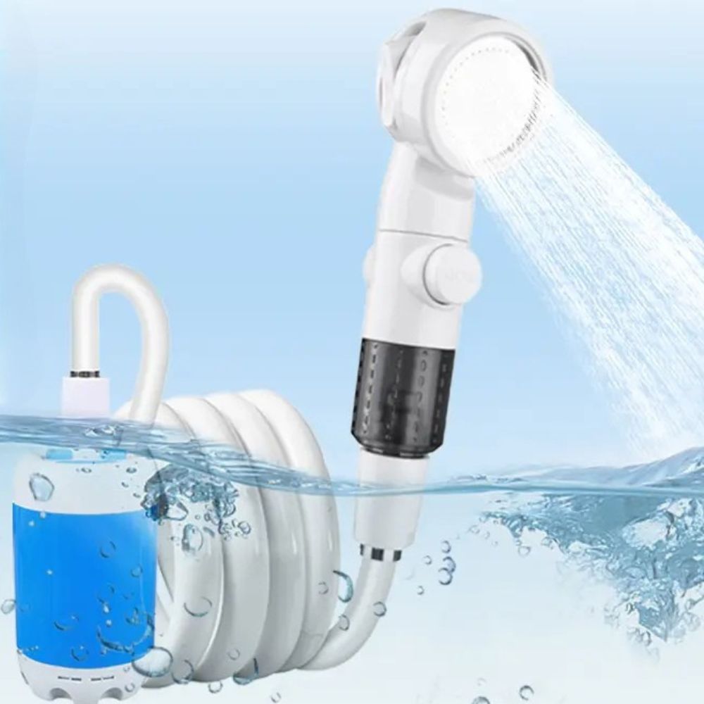 Belro portable USB rechargeable water pump shower head for outdoor use, compact design with handheld spray nozzle for home and garden.