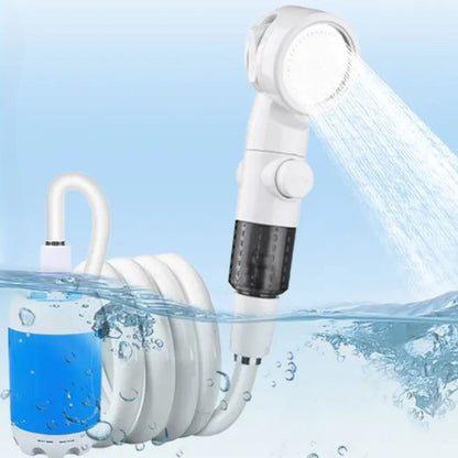 Belro portable USB rechargeable water pump shower head for outdoor use, compact design with handheld spray nozzle for home and garden.
