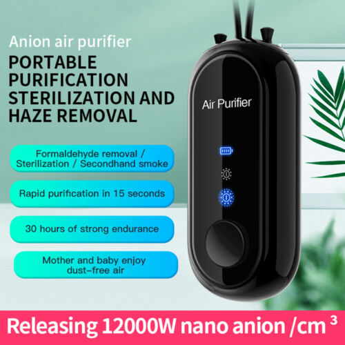 Belro personal mini air purifier necklace worn around the neck, compact electronic device with USB charging port.