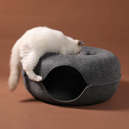 Belro Tunnel Interactive Cat Bed showing a cozy fabric tunnel for cats to play and rest inside.