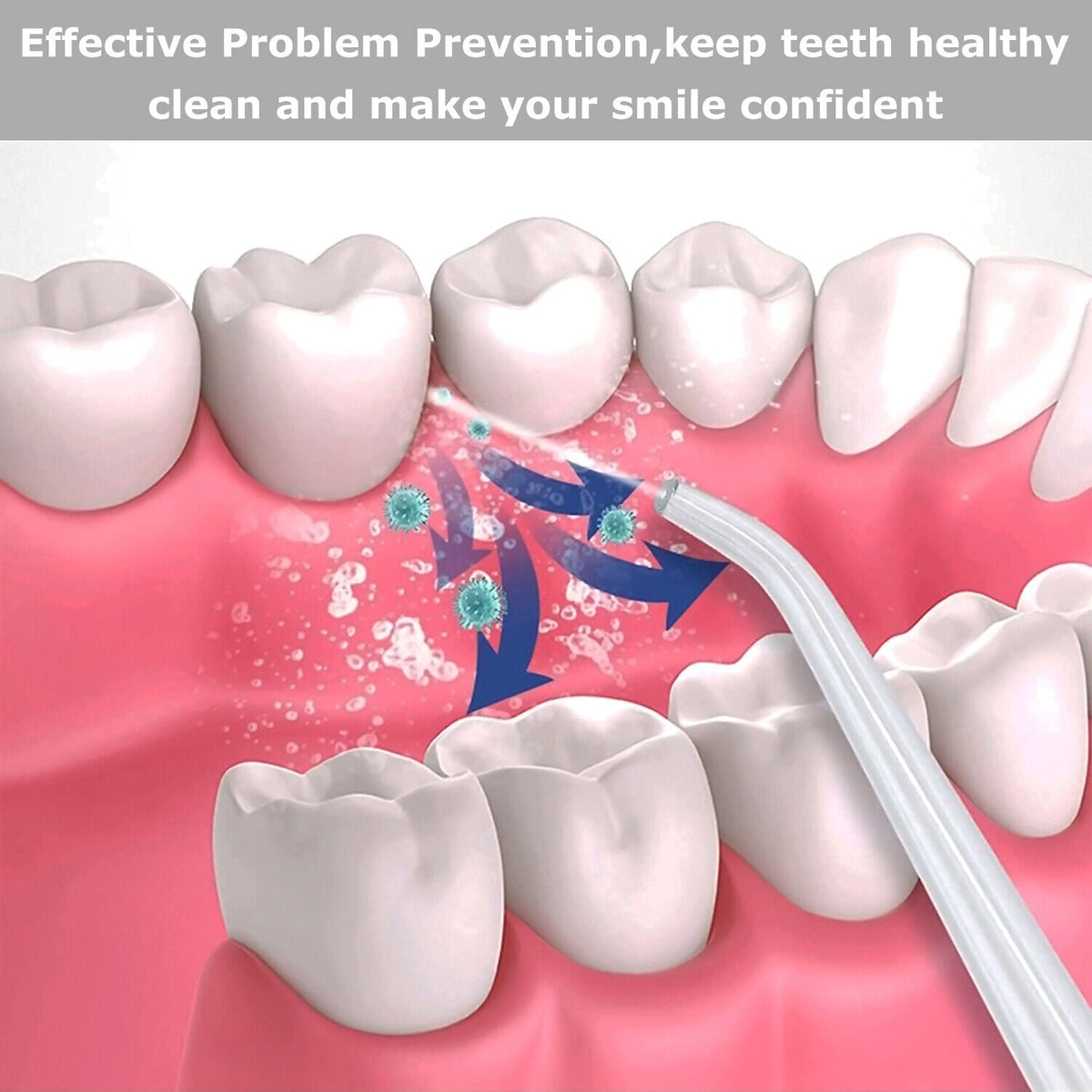 Belro portable dental water flosser showing water stream and compact design for oral hygiene.