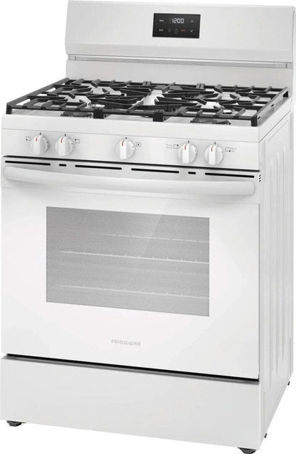 Casavibeo Frigidaire 30-inch gas range with four burners and oven, stainless steel finish, and control knobs on the front.