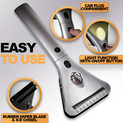 Belro electric heated ice scraper for outdoor use, with a sturdy handle and heated blade for removing ice from car windows.