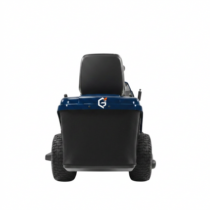 Red and black GETDECO ProCut 2200H 620cc ride-on lawn mower with large cutting deck and comfortable seat, viewed from a 7-angle perspective.