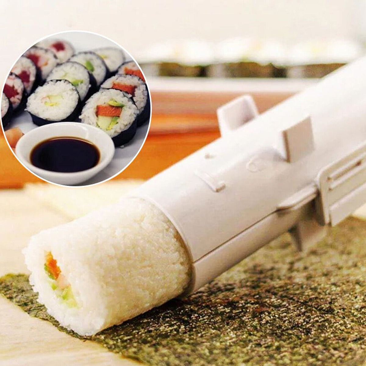 Belro Sushi Bazooka for home kitchen, compact sushi rolling tool with plastic construction and ergonomic design.