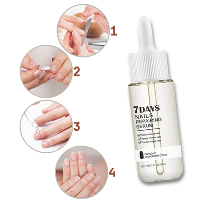 Belro 7 Days Nail Repair Essence bottle and application brush, showing nourishing nail treatment for healthy, strong nails.