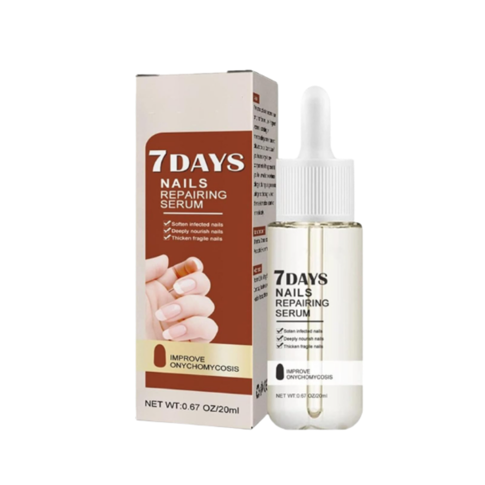 Belro 7 Days Nail Repair Essence bottle with applicator brush, showcasing a sleek white and pink packaging for nail care.