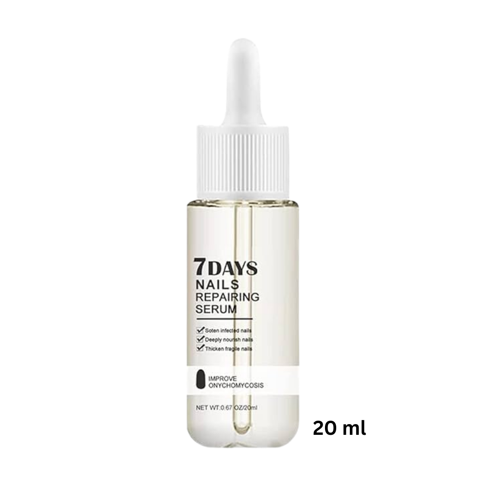 Belro 7 Days Nail Repair Essence bottle with dropper for nourishing and strengthening nails in a beauty and nail care setting.