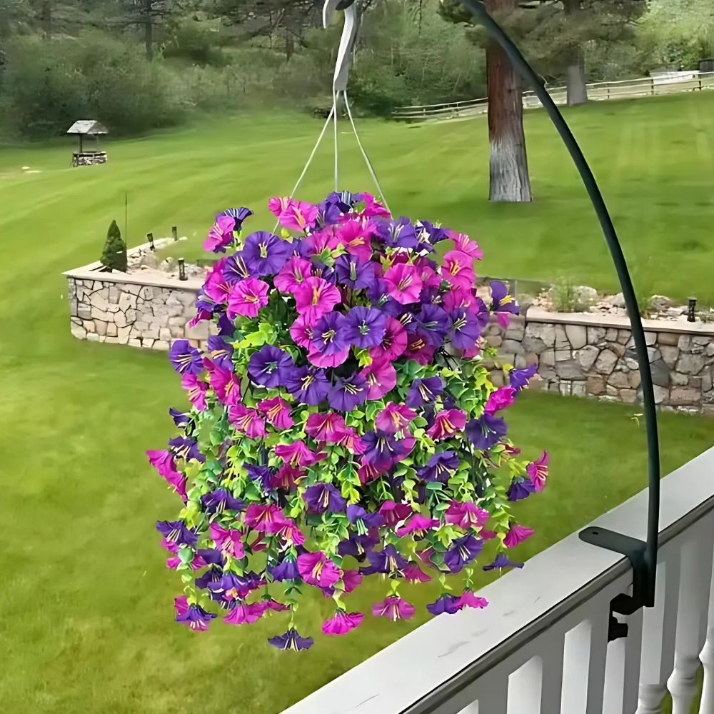 Artificial morning glory flower hanging decor by Belro, UV resistant, vibrant, and suitable for home and garden decoration.