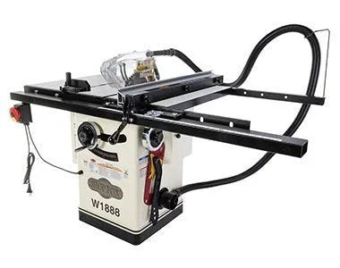 Casavibeo Shop Fox W1888 10-inch hybrid table saw with adjustable blade and sturdy metal frame, ideal for woodworking projects.