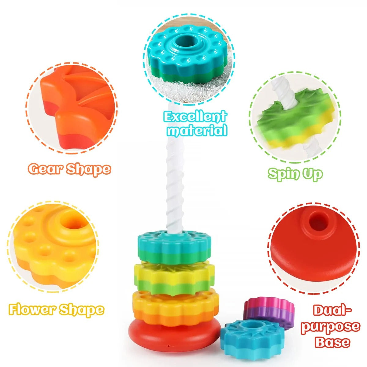 Colorful Belro stacking toys designed for children, featuring various shapes and sizes stacked on a neutral background.