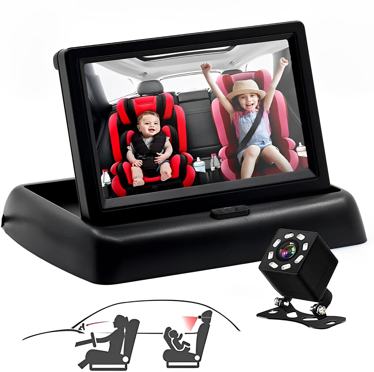 Belro premium car baby monitor camera mounted in vehicle interior, electronic audio device for baby monitoring.