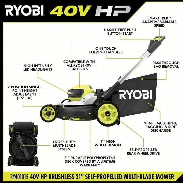 Casavibeo 40V HP brushless 21-inch self-propelled multi-blade mower kit with handle and cutting deck visible in the image.