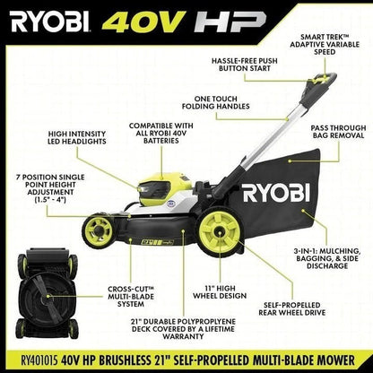 Casavibeo 40V HP brushless 21-inch self-propelled multi-blade mower kit with handle and cutting deck visible in the image.