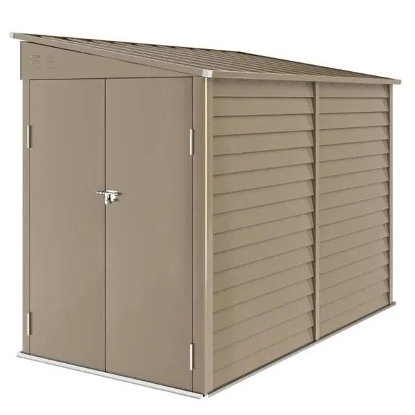 Casavibeo garden shed with double doors and window, made of durable wood, placed in a lush green backyard setting.