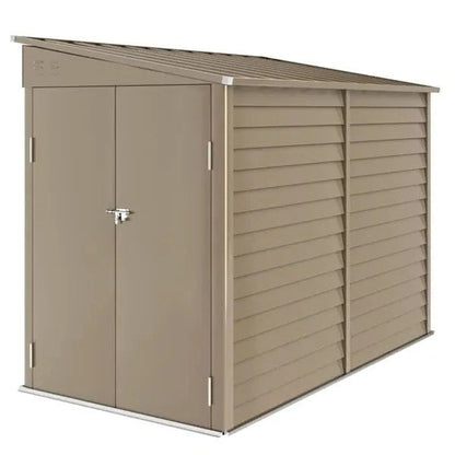 Casavibeo garden shed with double doors and window, made of durable wood, placed in a lush green backyard setting.