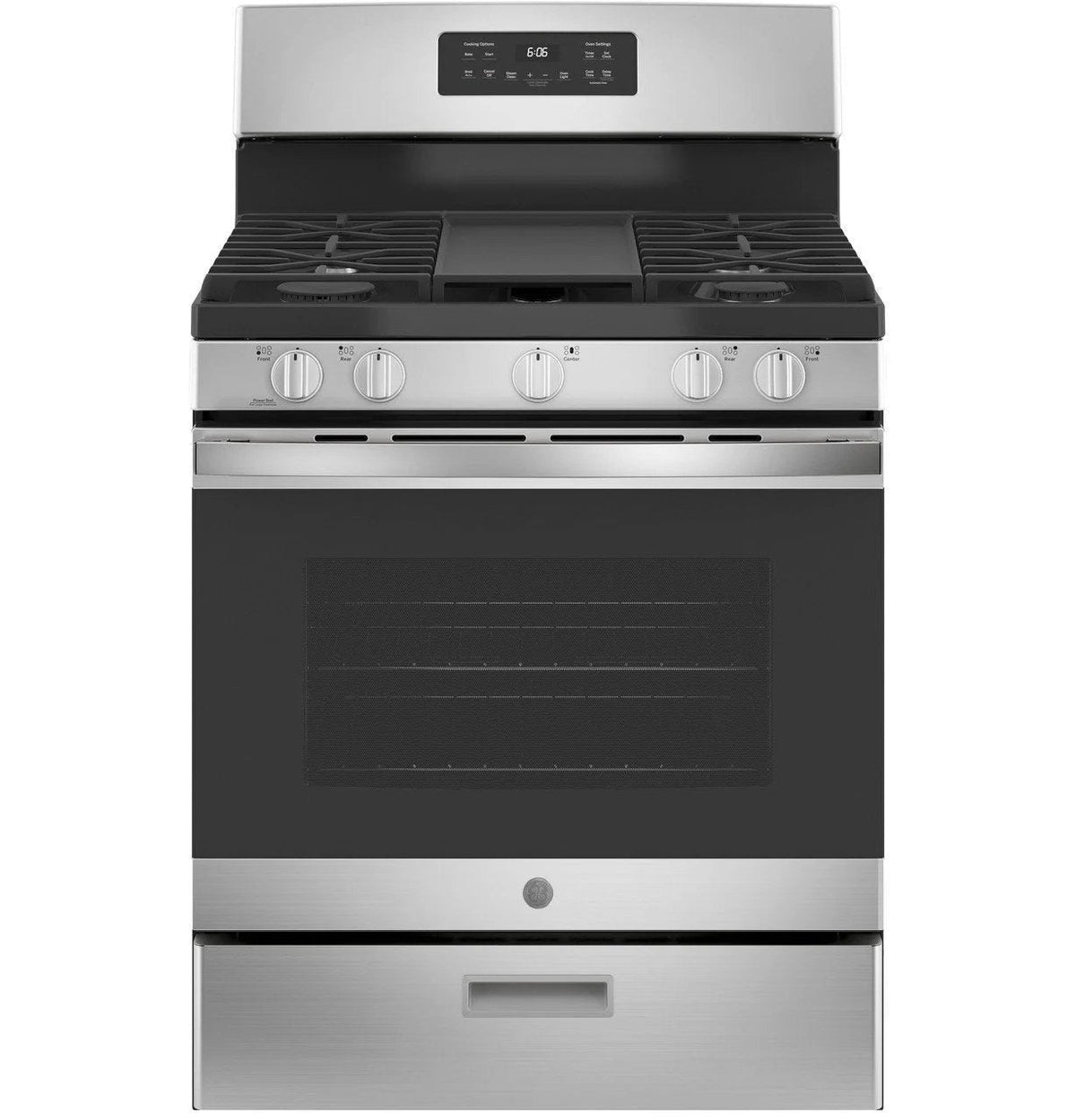 Casavibeo GE 30-inch freestanding gas range with four burners and oven, stainless steel finish, and control knobs.