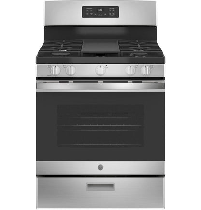 Casavibeo GE 30-inch freestanding gas range with four burners and oven, stainless steel finish, and control knobs.