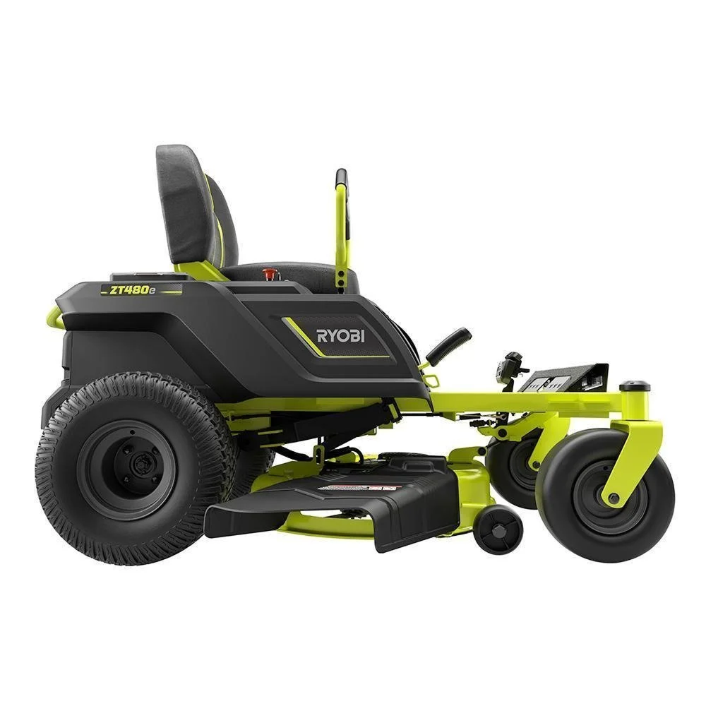 Ryobi 48V 42-inch battery electric riding zero-turn mower with 75 Ah battery, shown on a lawn.