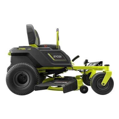 Ryobi 48V 42-inch battery electric riding zero-turn mower with 75 Ah battery, shown on a lawn.