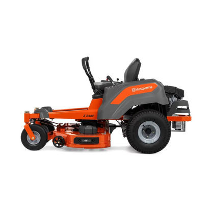 Husqvarna Z248F zero turn lawn mower with 48-inch deck, 23 HP V-twin engine, showcasing the mower's cutting deck and control panel.