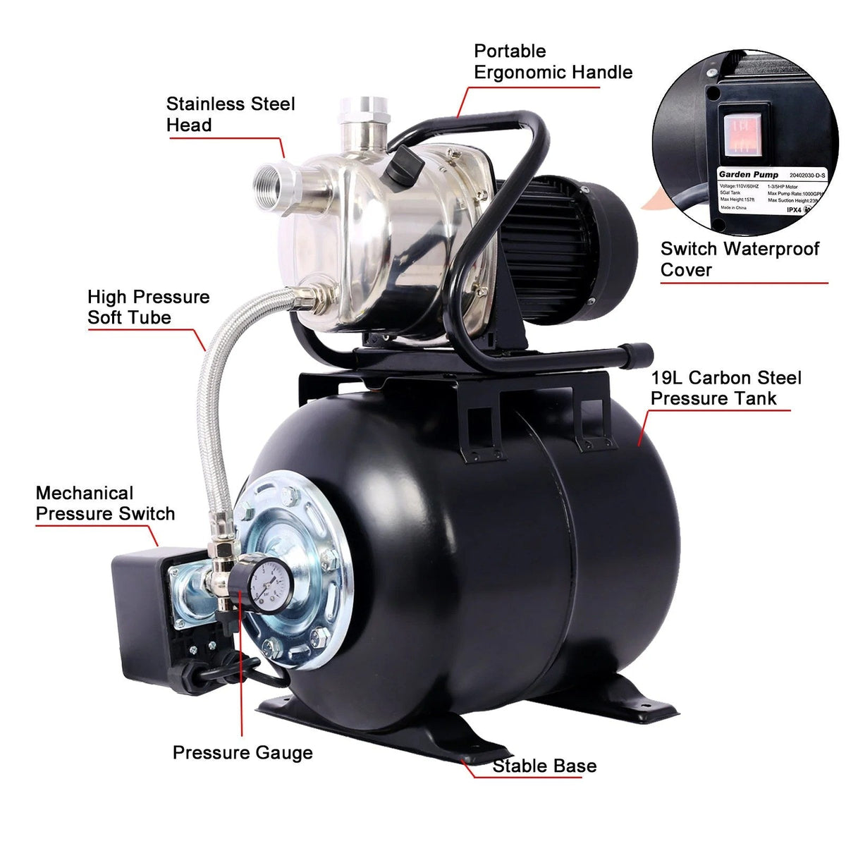 Casavibeo 1.6HP shallow well pump with 5-gallon pressure tank for automatic garden and irrigation water boosting.