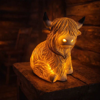 Highland cow resin night light by Mivoza with warm amber glow, decorative lamp for cozy ambient lighting.