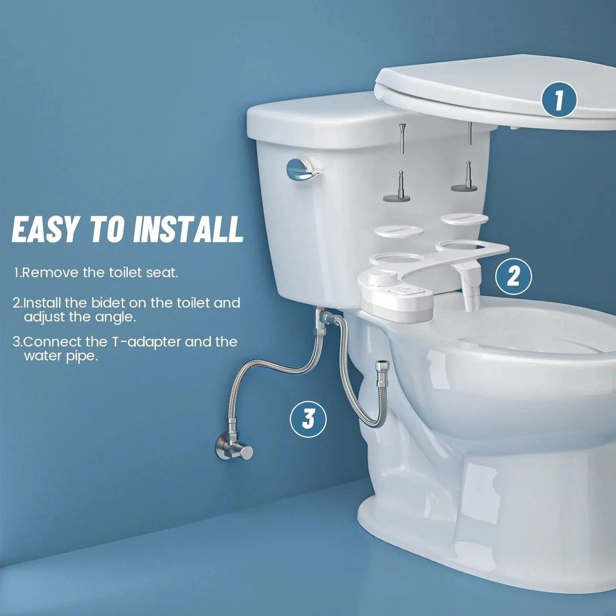 Belro toilet bidet attachment with adjustable water spray and control lever, installed on a standard bathroom toilet seat.