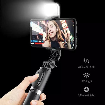 Belro 6-in-1 wireless Bluetooth selfie stick with fill light, adjustable for smartphones, used for selfies and photography.