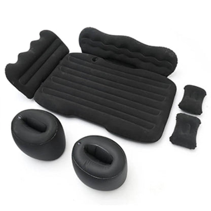 Belro car air mattress with built-in electronic amplifier, shown inflated inside a vehicle for comfortable outdoor sleeping.