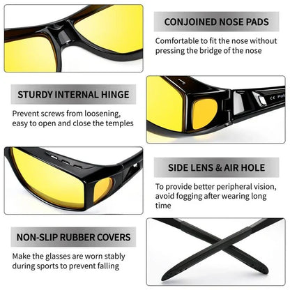 Mivoza night driving over-glasses with yellow anti-glare lenses, scratch-resistant fit-over eyewear for improved night vision.