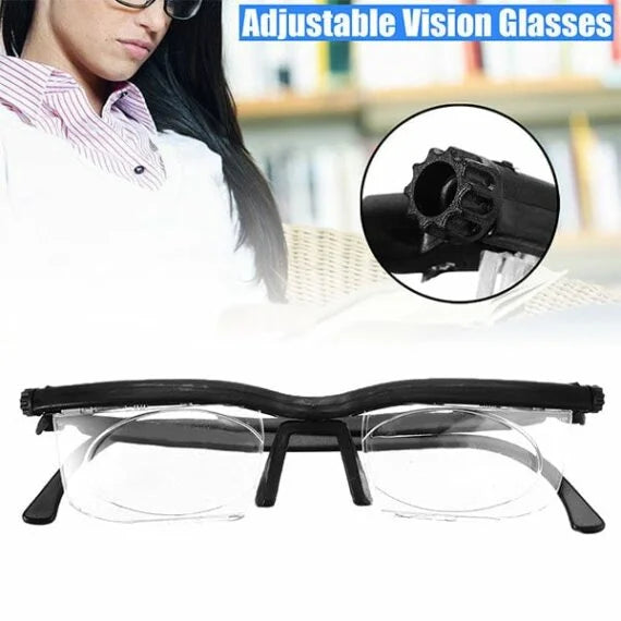 Belro adjustable focus glasses for near and far sight, designed to help with vision correction, shown in close-up.