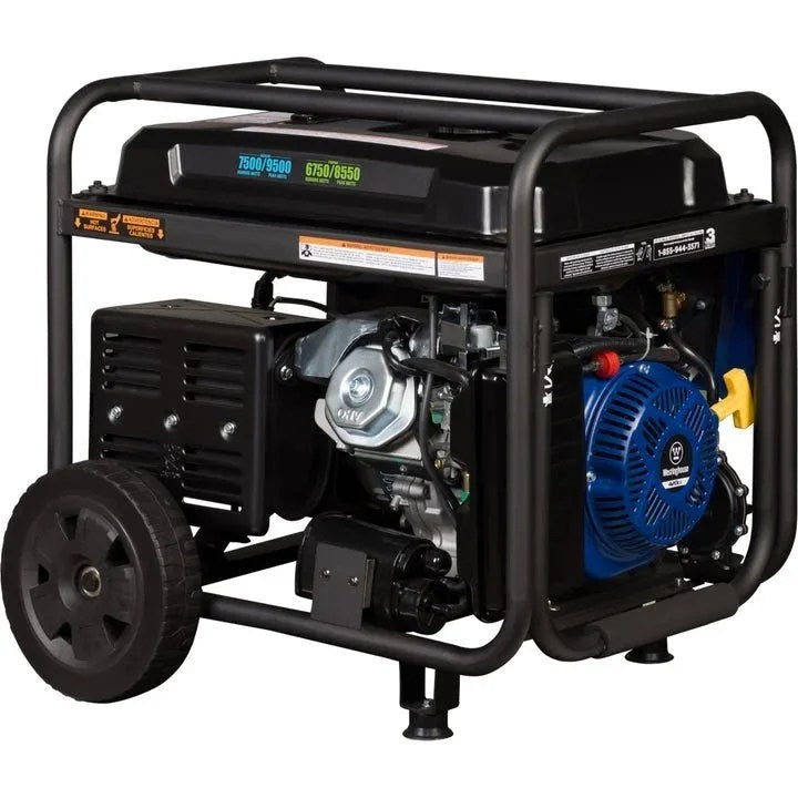 Westinghouse WGen7500DF dual fuel portable generator with black and yellow design, featuring control panel and handle for easy transport.