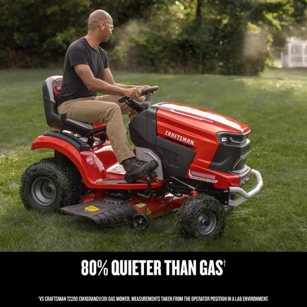 Casavibeo Craftsman CMCRM233303 42-inch electric riding mower with 56V battery, shown in a garden setting.