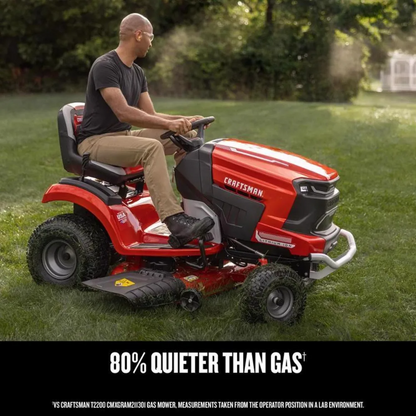 Casavibeo Craftsman CMCRM233303 42-inch electric riding mower with 56V battery, shown in a garden setting.