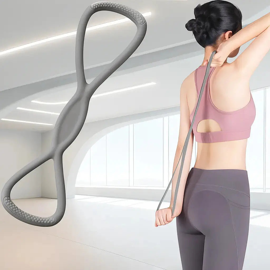 Mivoza Figure-8 resistance band for shoulder back posture correction and strength training, with handles and adjustable tension.