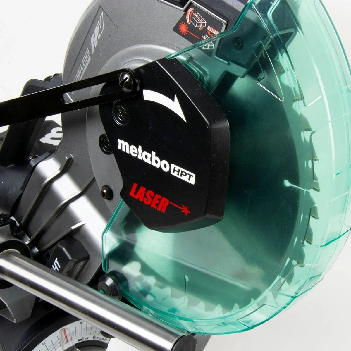 Metabo HPT MultiVolt 36V 10-inch sliding miter saw with blade, shown in a workshop setting.