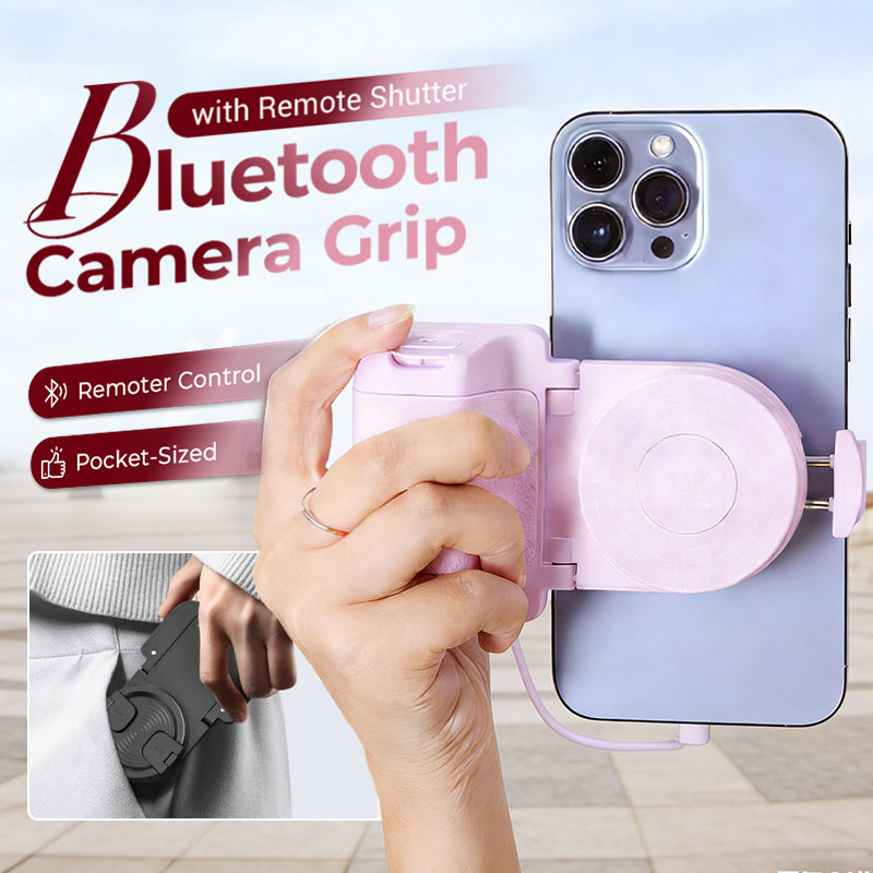 Mivoza smartphone grip with Bluetooth remote shutter and 180° mount, showing secure grip and remote control for photography.