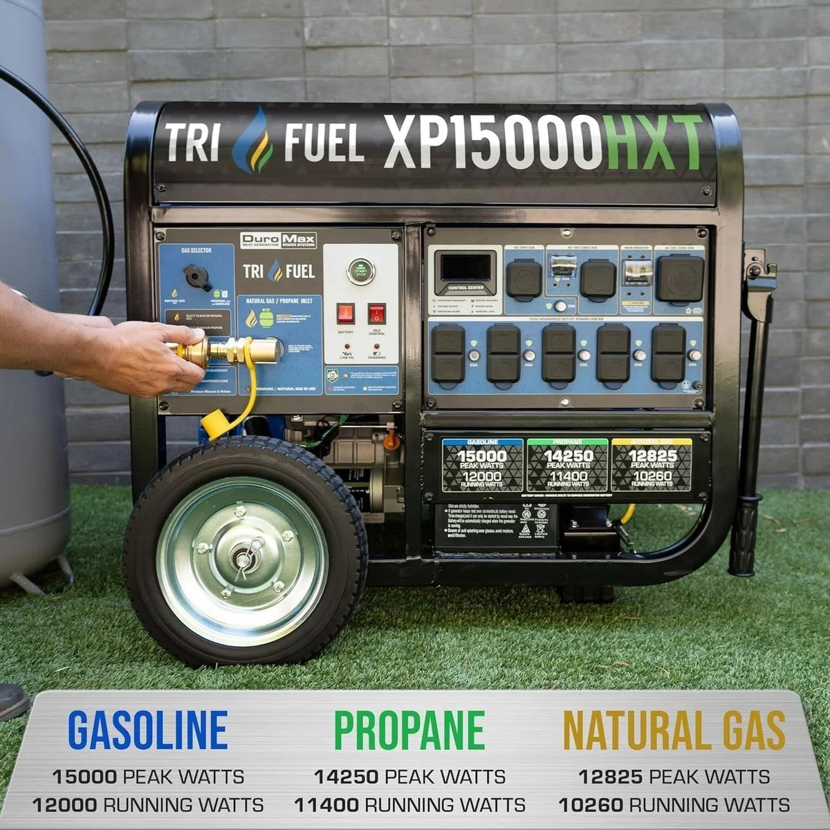 Casavibeo DuroMax 15,000-Watt Tri-Fuel Portable Generator XP15000HXT with multiple outlets and sturdy frame for outdoor use