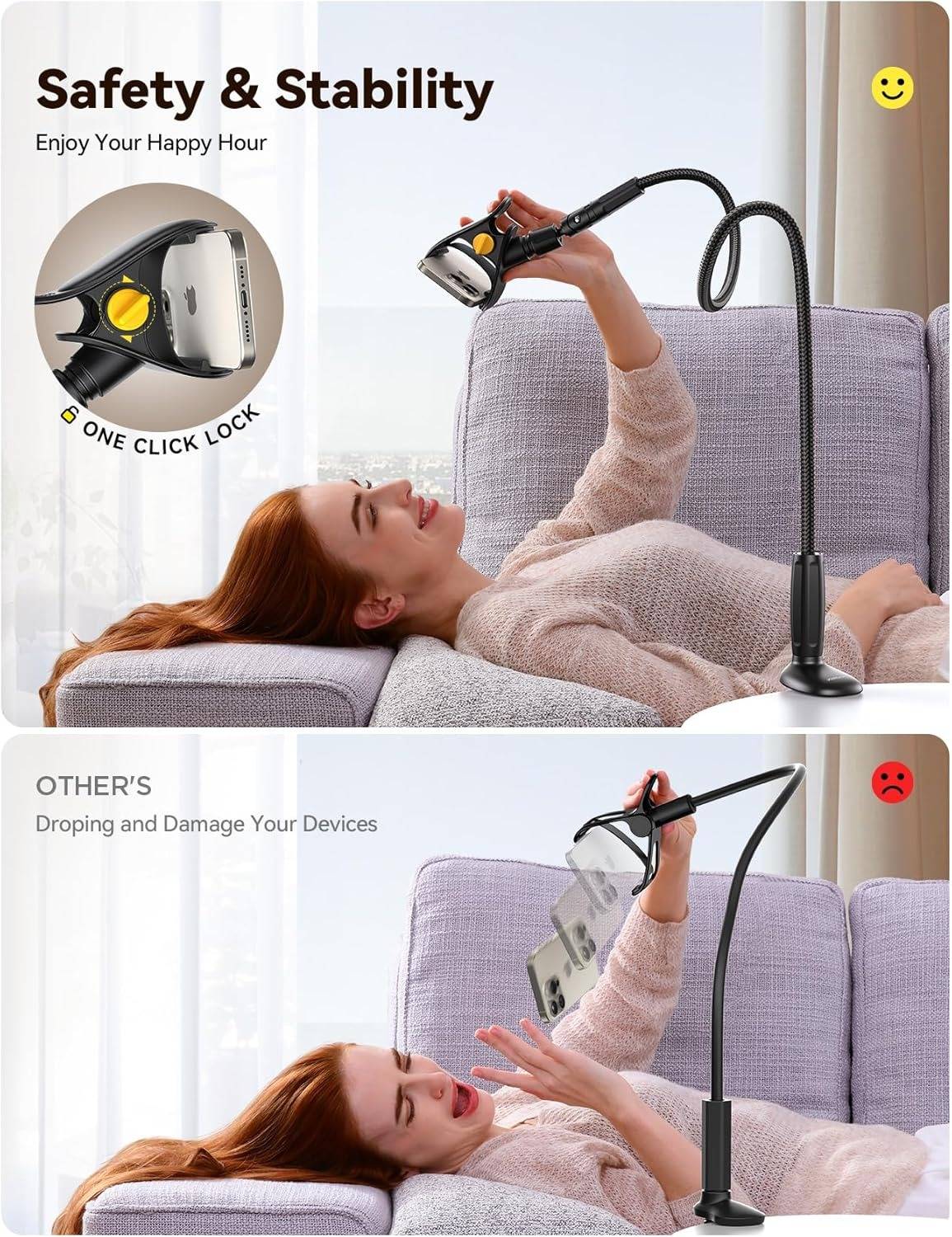 Belro bed phone holder attached to a headboard, adjustable electronic phone mount for hands-free use in bedroom setting