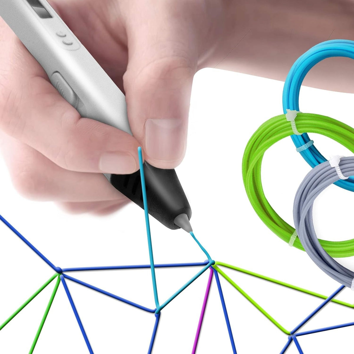 Belro 3D printing pen for electronics, showing the pen with filament tip and control buttons.