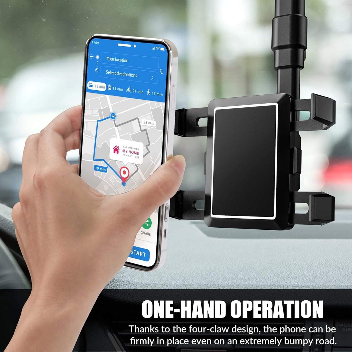 Belro rearview mirror phone holder attached to a car mirror, adjustable mount for smartphones, compatible with various vehicle models.