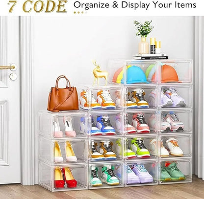 Set of 12 white clear plastic shoe storage boxes with magnetic doors, stackable and foldable for sneakers, boots, and heels.