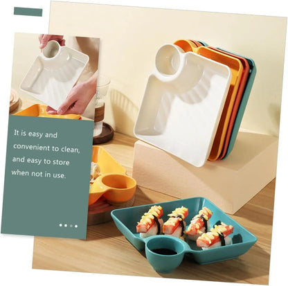 Mivoza dipping plate with sauce compartment, stackable no-drip design, used for serving sauces and appetizers on the table.