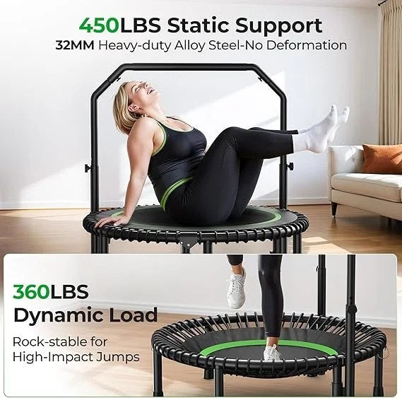 Casavibeo BCAN BT2 mini rebounder trampoline with adjustable handle, bar, bungees, indoor outdoor use, for adults' fitness and relaxation