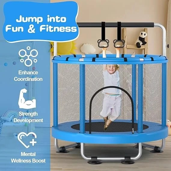Casavibeo 55-inch kids trampoline with enclosure, gymnastics bar, and toys, suitable for indoor and outdoor use, supports 440lbs capacity