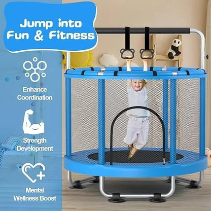 Casavibeo 55-inch kids trampoline with enclosure, gymnastics bar, and toys, suitable for indoor and outdoor use, supports 440lbs capacity