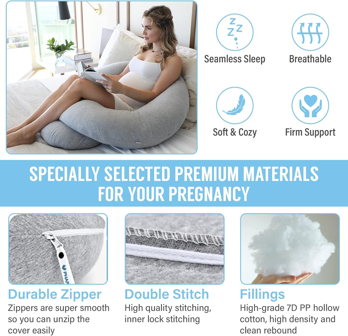Belro C-shaped full body pregnancy pillow, soft and supportive for comfortable sleep during pregnancy and postpartum.