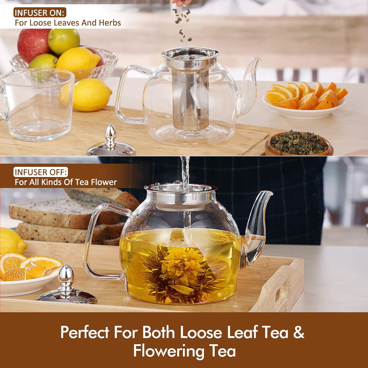 Belro 1000ml glass teapot with removable infuser for blooming and loose leaf tea, perfect for kitchen and dining use.